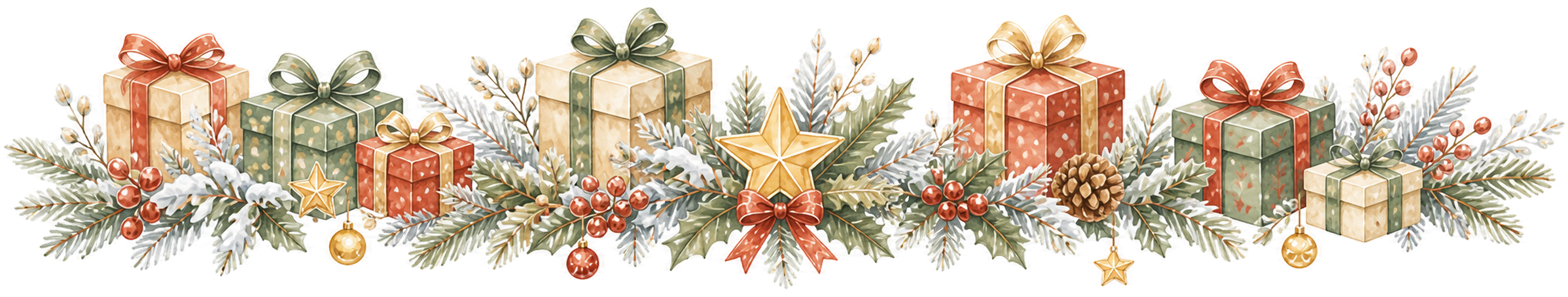 プレゼントとヒイラギのクリスマスラインイラスト｜絵本タッチの無料素材95962に写真・文字を入れる