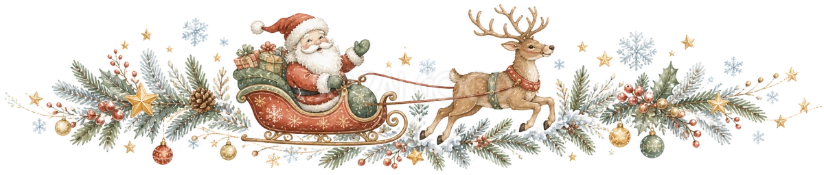 サンタクロースのそりとトナカイのクリスマスラインイラスト｜絵本タッチの無料素材95964