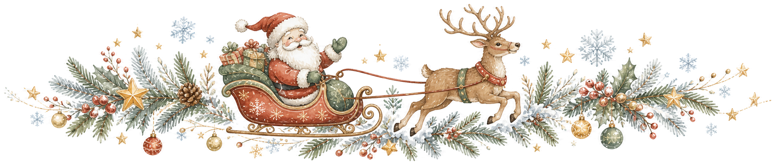 サンタクロースのそりとトナカイのクリスマスラインイラスト｜絵本タッチの無料素材95964に写真・文字を入れる