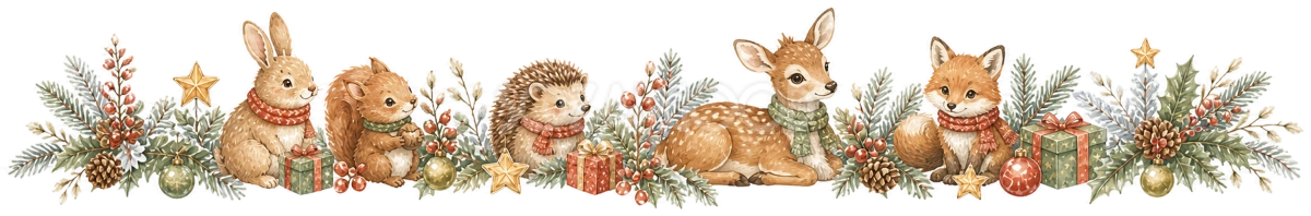 森の動物とプレゼントのクリスマスラインイラスト｜絵本タッチの無料素材95966