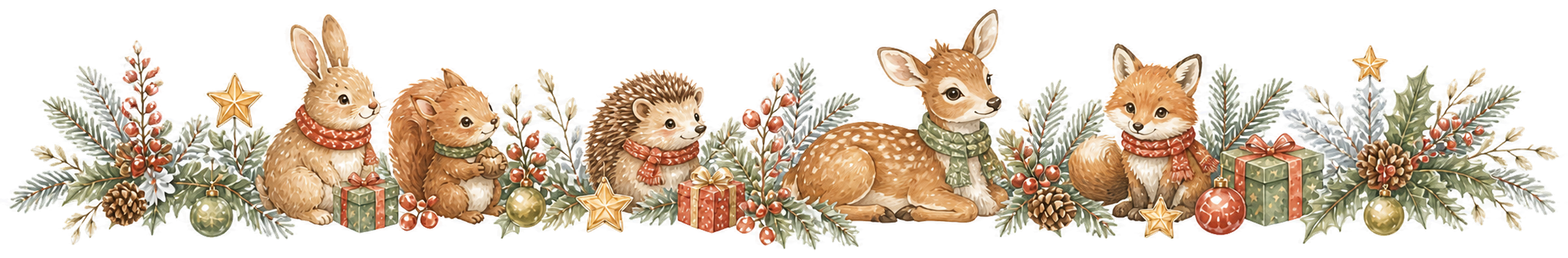 森の動物とプレゼントのクリスマスラインイラスト｜絵本タッチの無料素材95966に写真・文字を入れる