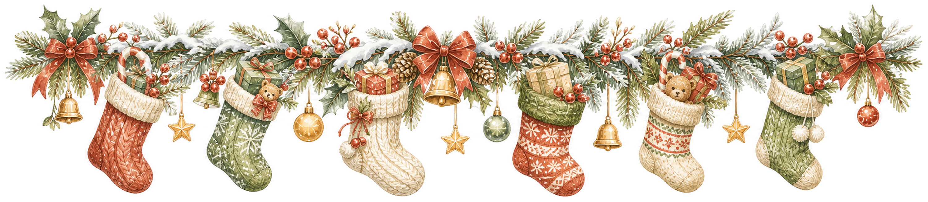 赤と緑のクリスマス靴下ガーランドイラスト｜絵本タッチの無料素材95968に写真・文字を入れる