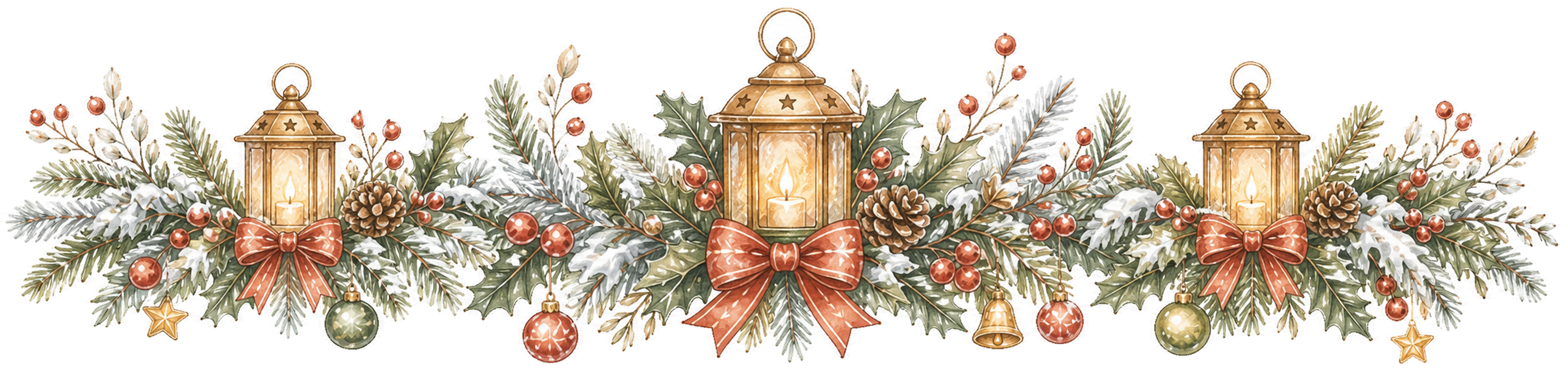 ランタンとモミの枝のクリスマスラインイラスト｜絵本タッチの無料素材95971に写真・文字を入れる