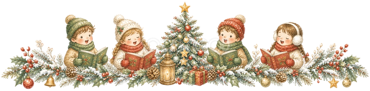 クリスマスキャロルを歌う子どものラインイラスト｜絵本タッチの無料素材95972