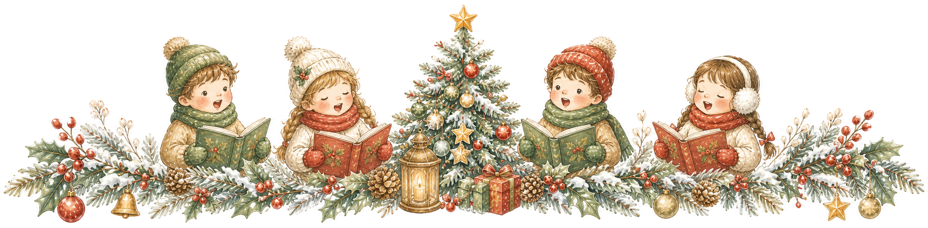 クリスマスキャロルを歌う子どものラインイラスト｜絵本タッチの無料素材95972に写真・文字を入れる