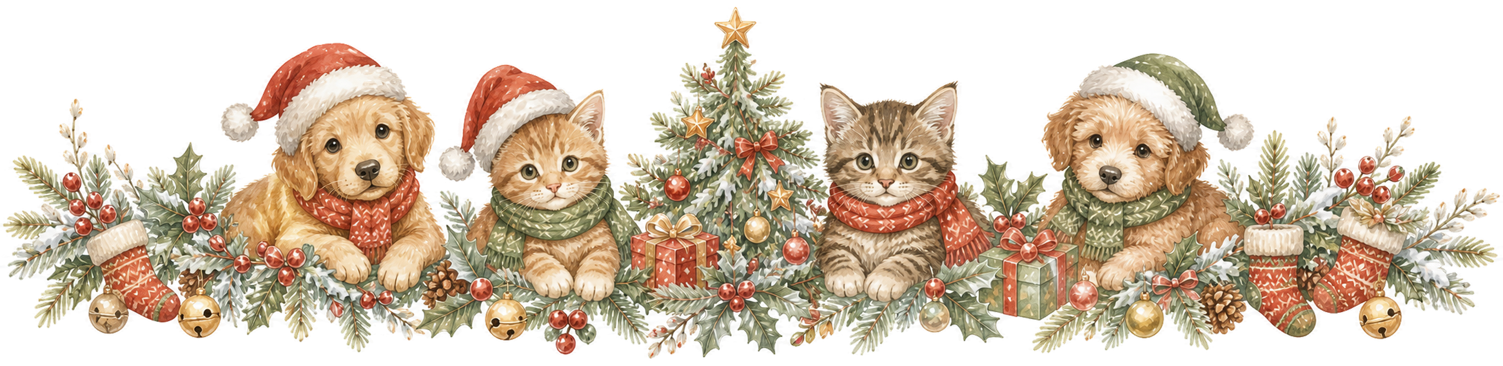 猫と犬のかわいいクリスマスラインイラスト｜絵本タッチの無料素材95973に写真・文字を入れる