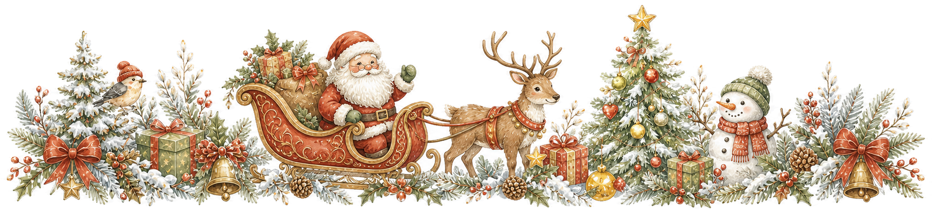 サンタクロース・トナカイ・雪だるまのクリスマスラインイラスト｜絵本タッチの無料素材95974に写真・文字を入れる