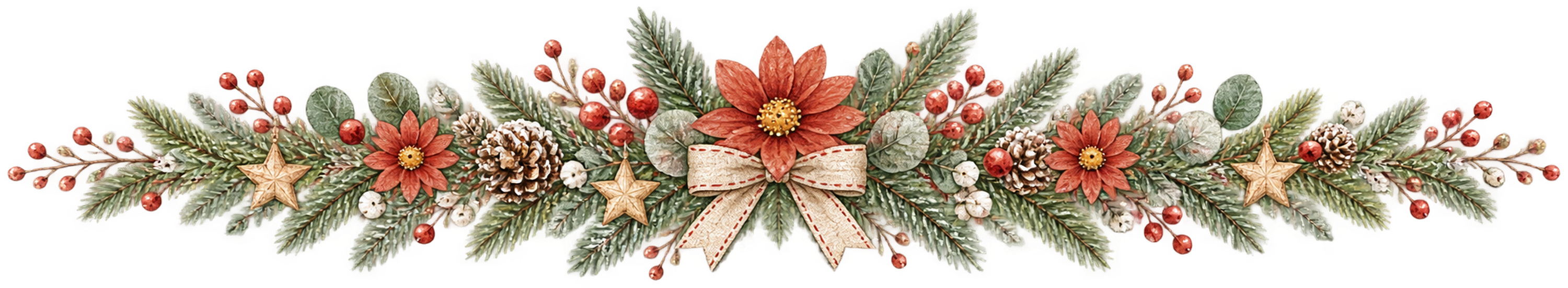 テラコッタの花と松ぼっくりのクリスマス区切り線｜無料の絵本タッチイラスト素材95979に写真・文字を入れる