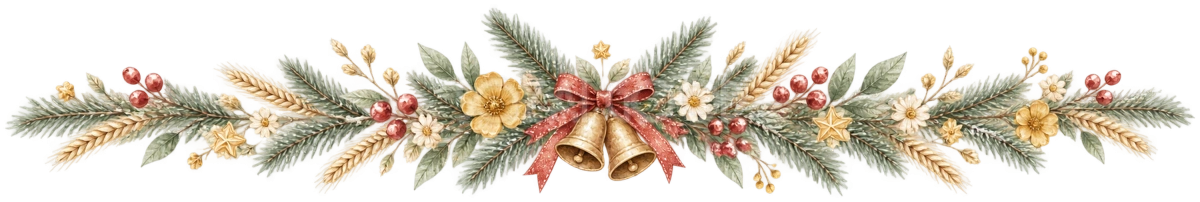 マスタード色の草花とベルのクリスマスライン|無料の絵本タッチイラスト素材95980