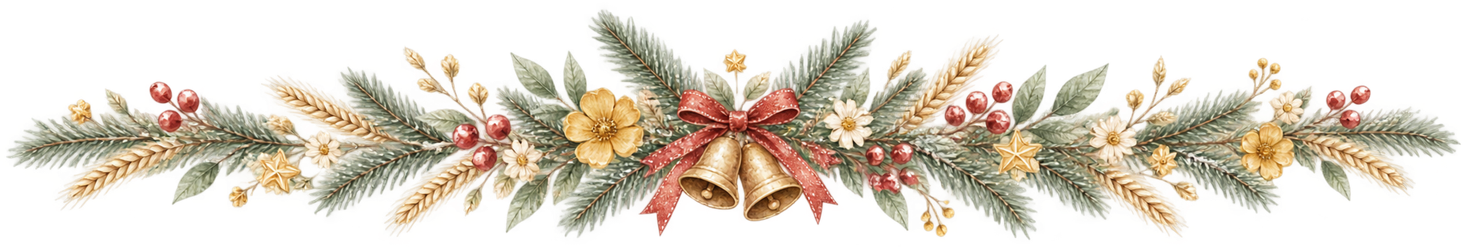 マスタード色の草花とベルのクリスマスライン｜無料の絵本タッチイラスト素材95980に写真・文字を入れる