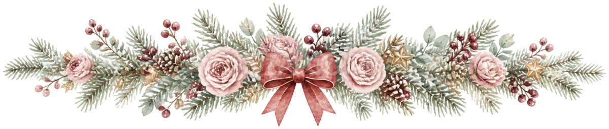 くすみピンクのバラとリボンのクリスマスライン｜無料の絵本タッチイラスト素材95981