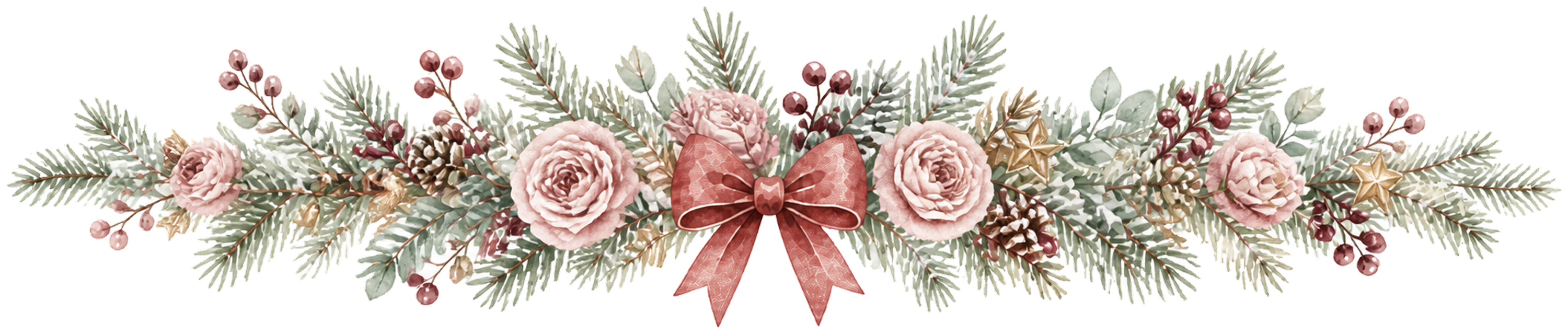 くすみピンクのバラとリボンのクリスマスライン｜無料の絵本タッチイラスト素材95981に写真・文字を入れる