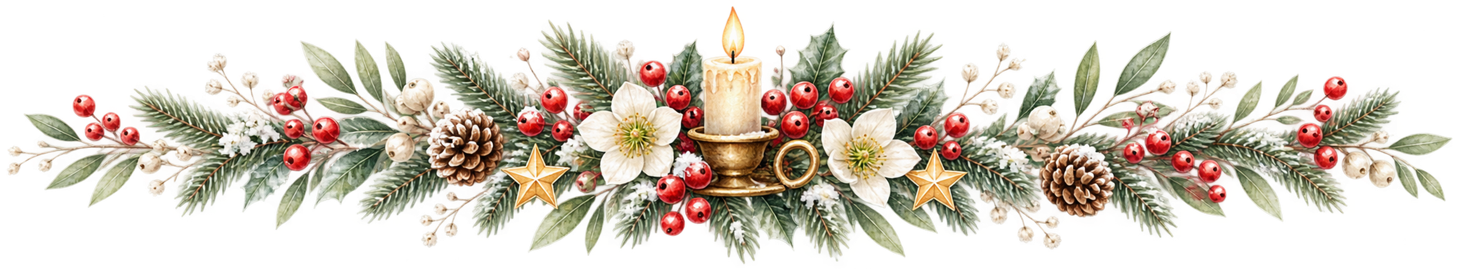 白い冬花とキャンドルのクリスマス区切り線｜無料の絵本タッチイラスト素材95982に写真・文字を入れる