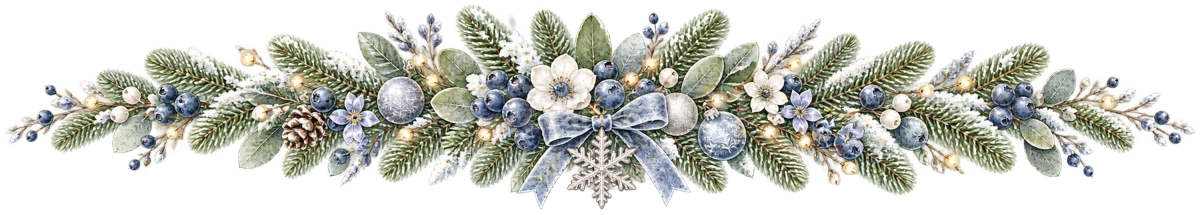 青い実と銀色飾りのクリスマスライン｜無料の絵本タッチイラスト素材95983