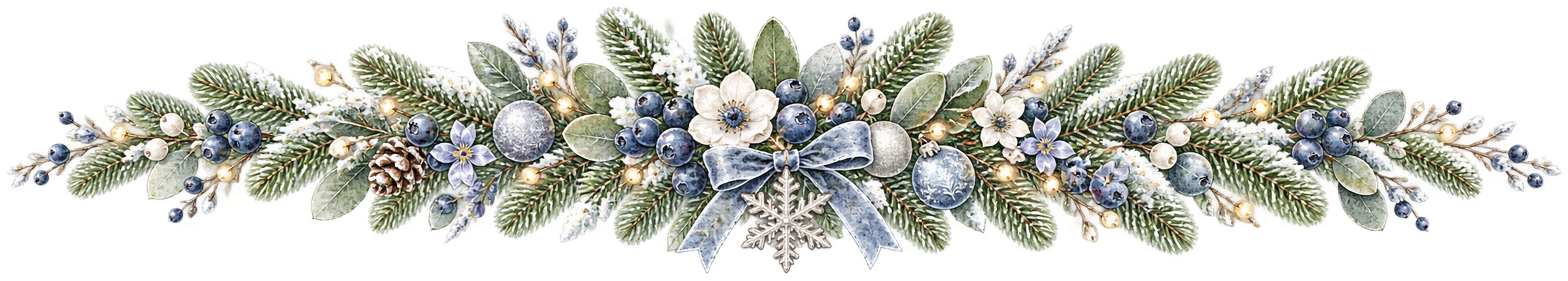青い実と銀色飾りのクリスマスライン｜無料の絵本タッチイラスト素材95983に写真・文字を入れる