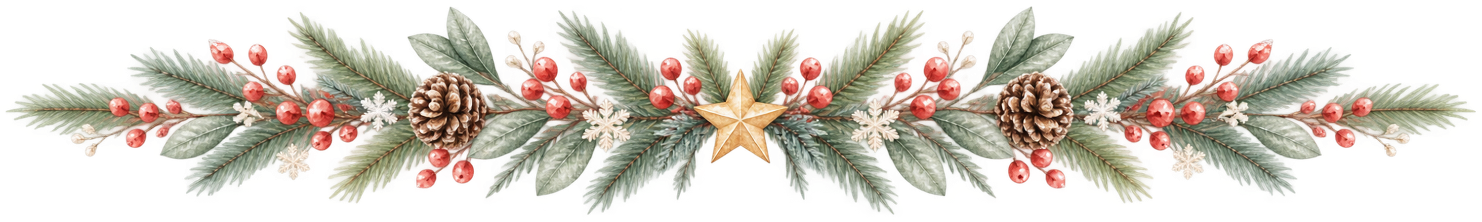 赤い実と金の星の左右対称クリスマスライン｜無料の絵本タッチイラスト素材95986に写真・文字を入れる