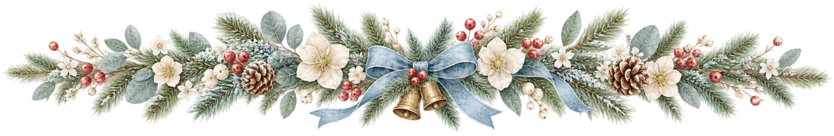 青緑の葉と白い花・ベルのクリスマス区切り線|無料の絵本タッチイラスト素材95987