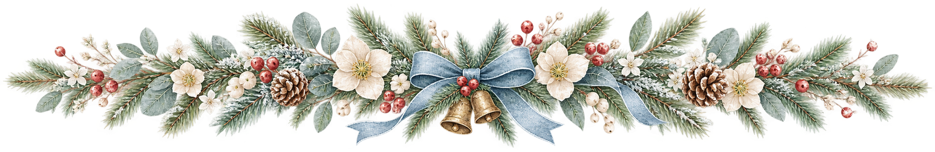 青緑の葉と白い花・ベルのクリスマス区切り線｜無料の絵本タッチイラスト素材95987に写真・文字を入れる