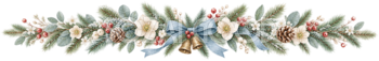 青緑の葉と白い花・ベルのクリスマス区切り線｜無料の絵本タッチイラスト素材95987