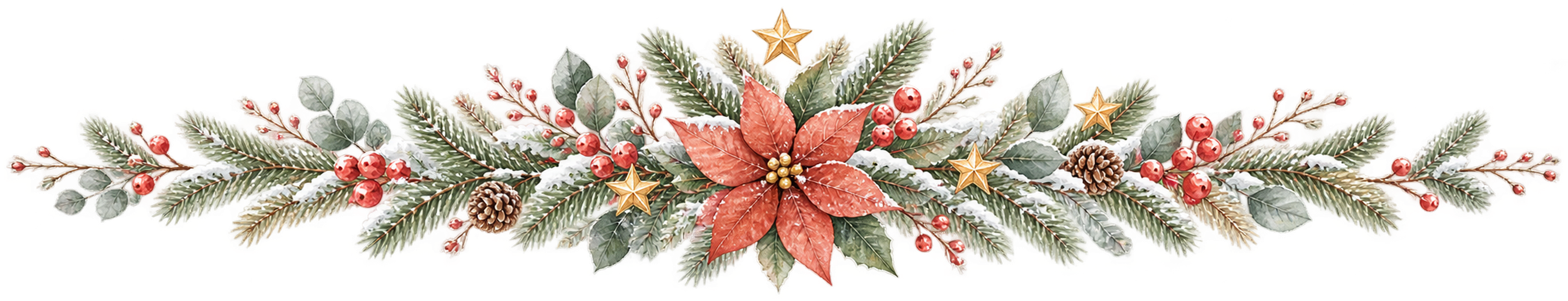 ポインセチアと常緑樹のクリスマス区切り線｜無料の絵本タッチイラスト素材95989に写真・文字を入れる