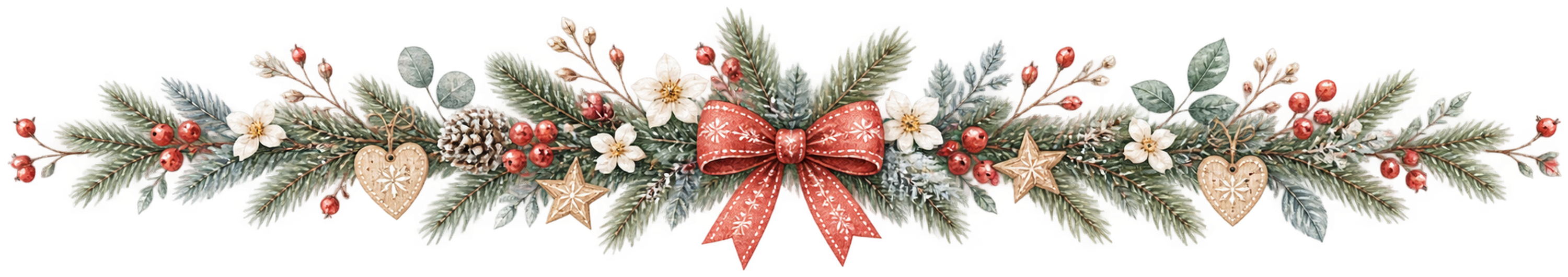 北欧模様の葉と木製ハートのクリスマス区切り線｜無料の絵本タッチイラスト素材95991に写真・文字を入れる