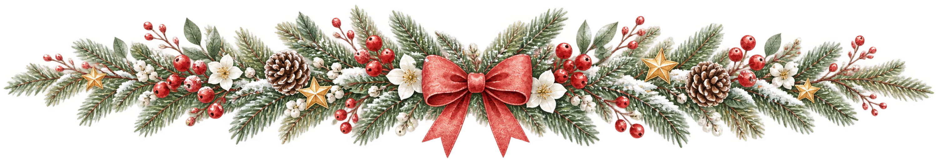 赤い実と白い花・リボンのクリスマス区切り線｜無料の絵本タッチイラスト素材95993に写真・文字を入れる