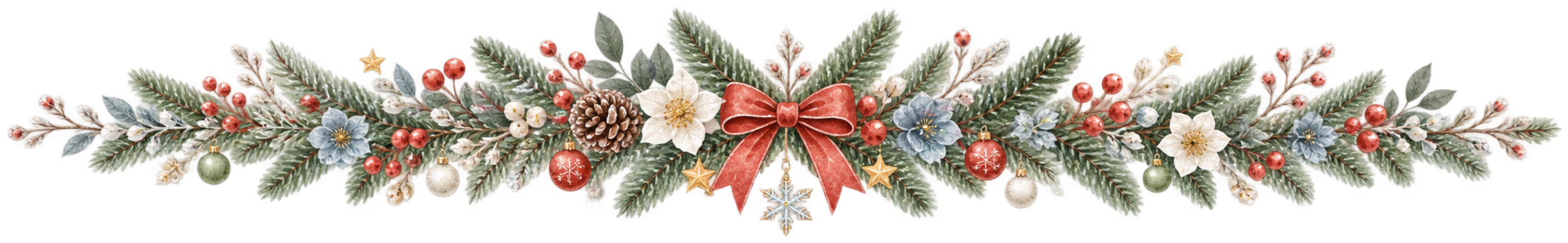 冬色の小花とオーナメントのクリスマスライン｜無料の絵本タッチイラスト素材95994に写真・文字を入れる