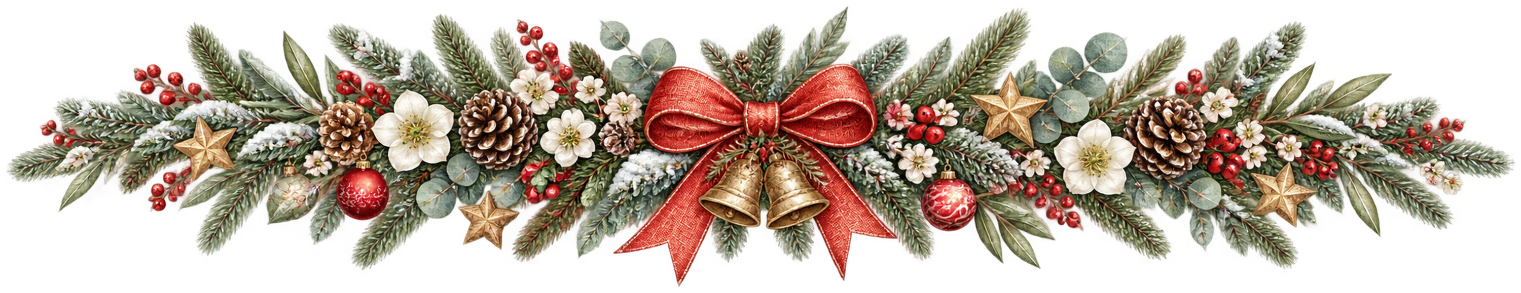 白い花とベルが華やかな北欧クリスマスライン｜無料の絵本タッチイラスト素材95995に写真・文字を入れる