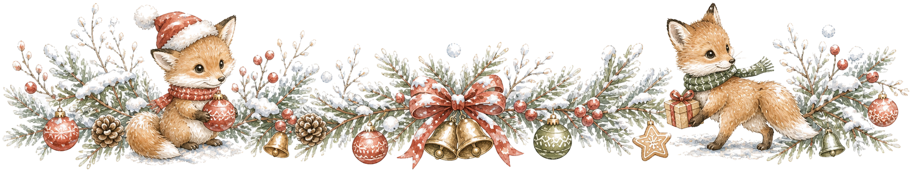 サンタ帽の子ぎつねとベルのクリスマスライン｜水彩絵本タッチの無料イラスト素材95997に写真・文字を入れる