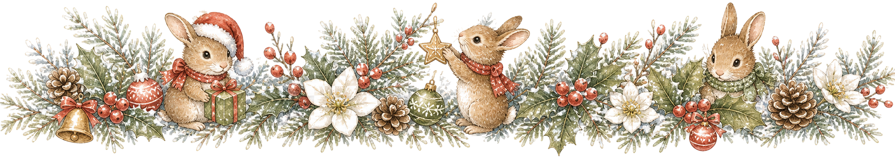 プレゼントを囲む子うさぎのクリスマスライン｜水彩絵本タッチの無料イラスト素材95998に写真・文字を入れる