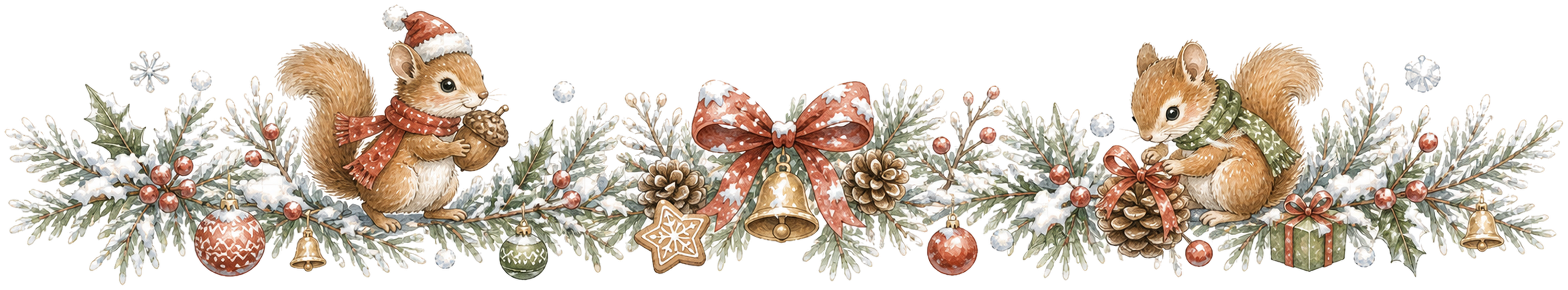 木の実を持つ子リスのクリスマスライン｜水彩絵本タッチの無料イラスト素材95999に写真・文字を入れる