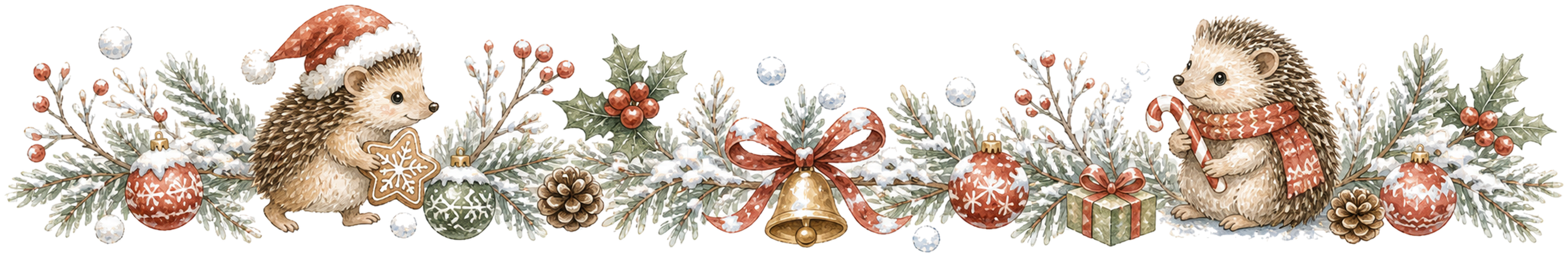 子ハリネズミと雪の結晶のクリスマスライン｜水彩絵本タッチの無料イラスト素材96000に写真・文字を入れる