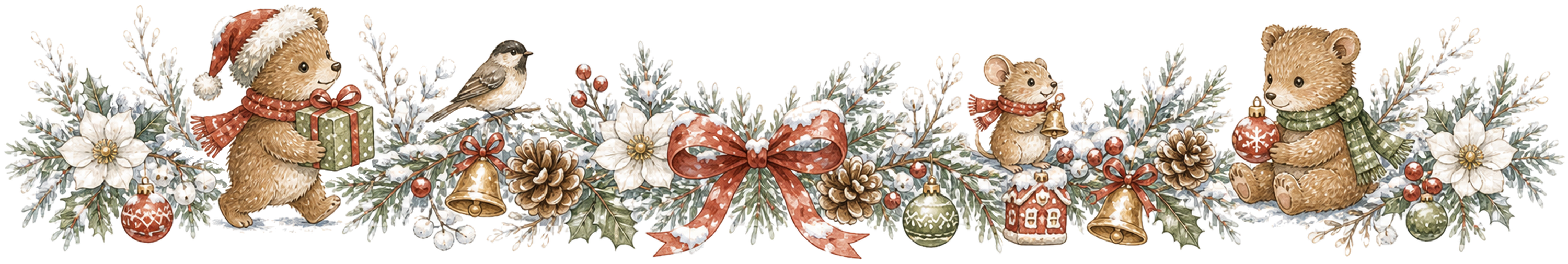 プレゼントを楽しむ子グマのクリスマスライン｜水彩絵本タッチの無料イラスト素材96002に写真・文字を入れる