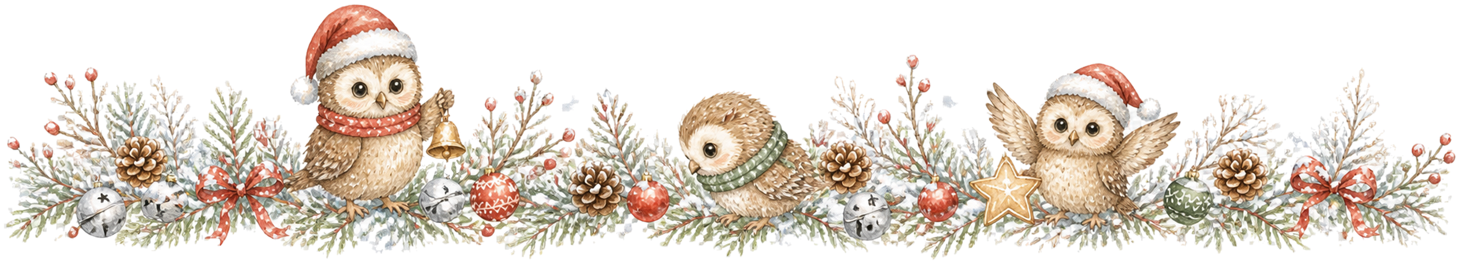 帽子姿の子フクロウのクリスマスライン｜水彩絵本タッチの無料イラスト素材96003に写真・文字を入れる