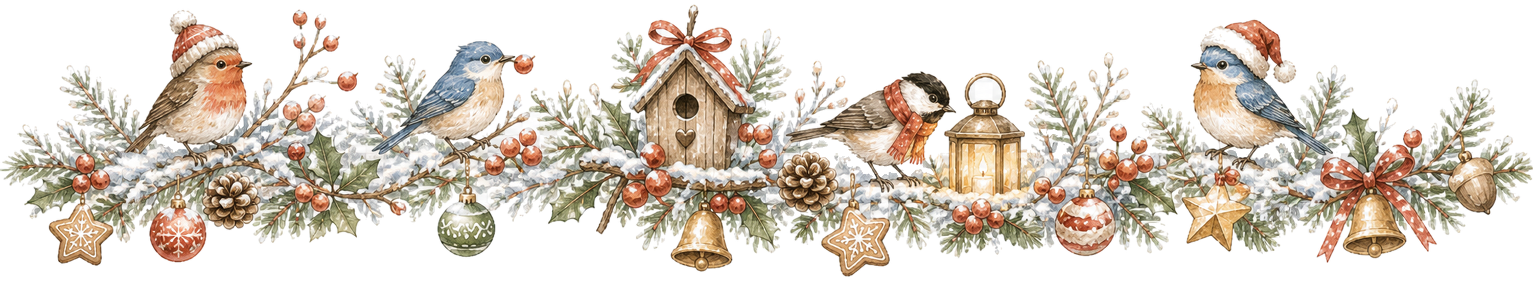 小鳥と巣箱のクリスマスライン｜水彩絵本タッチの無料イラスト素材96004に写真・文字を入れる