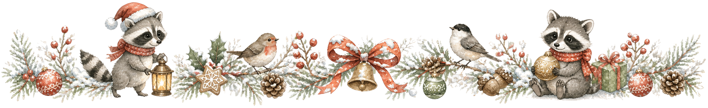 ランタンを持つ子アライグマのクリスマスライン｜水彩絵本タッチの無料イラスト素材96005に写真・文字を入れる