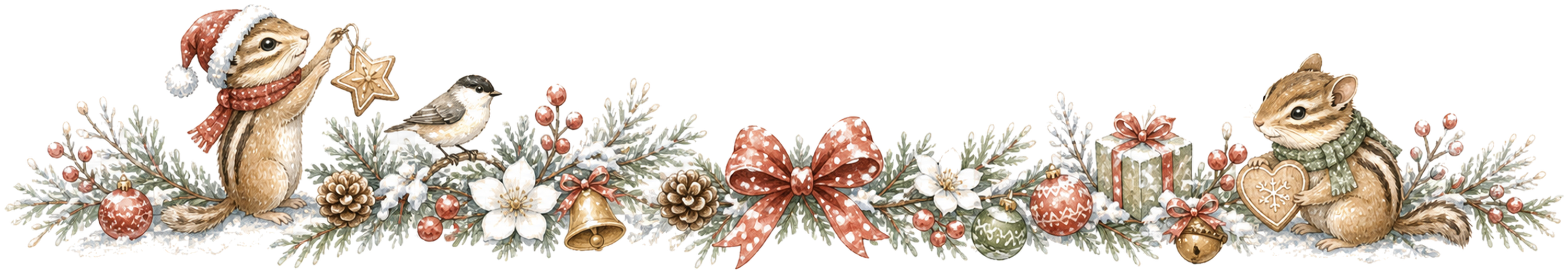 星と木の実を持つ子シマリスのクリスマスライン｜水彩絵本タッチの無料イラスト素材96006に写真・文字を入れる