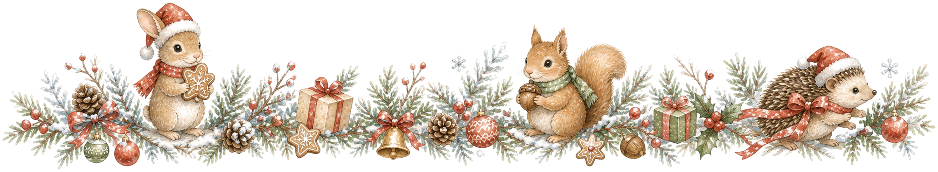 森の仲間と雪景色のクリスマスライン｜水彩絵本タッチの無料イラスト素材96008に写真・文字を入れる