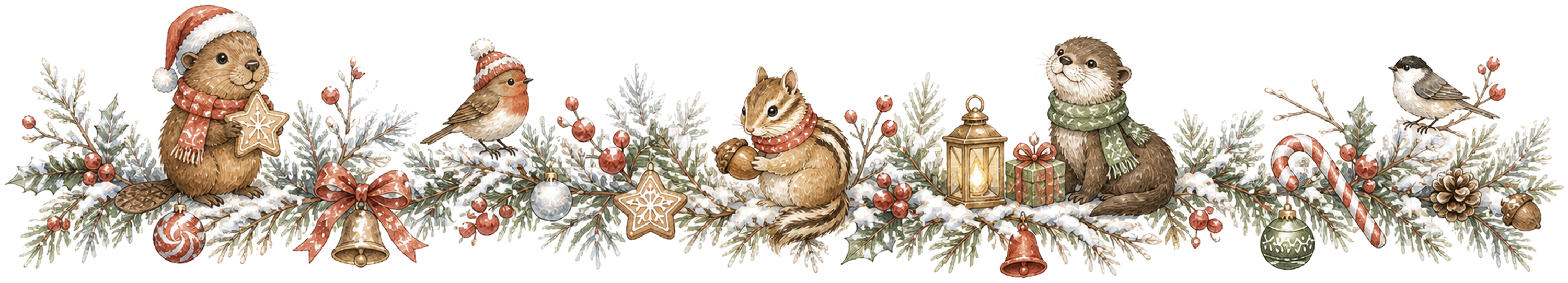 ビーバーとカワウソのクリスマスライン｜水彩絵本タッチの無料イラスト素材96010に写真・文字を入れる