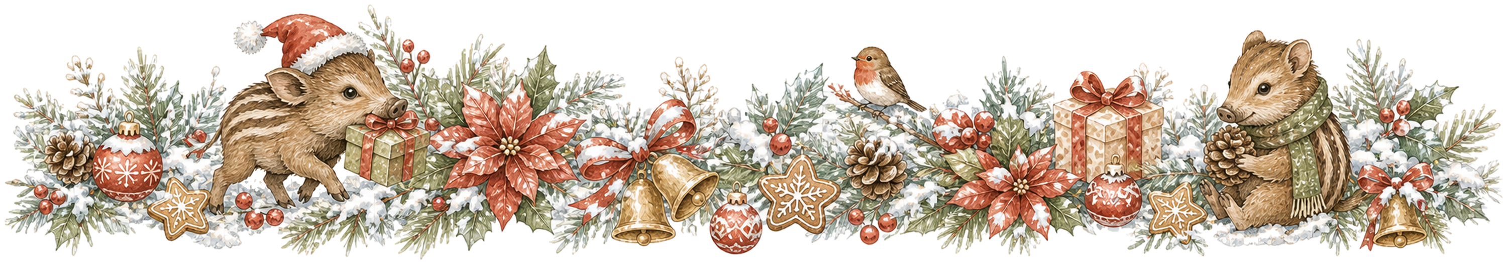 子イノシシと冬の花のクリスマスライン｜水彩絵本タッチの無料イラスト素材96011に写真・文字を入れる