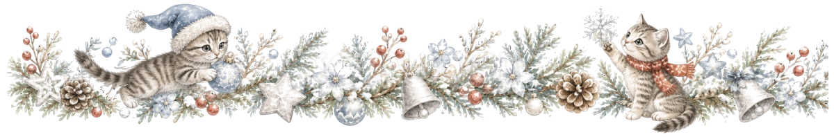 猫と銀色飾りのクリスマスライン｜水彩絵本タッチの無料イラスト素材96015