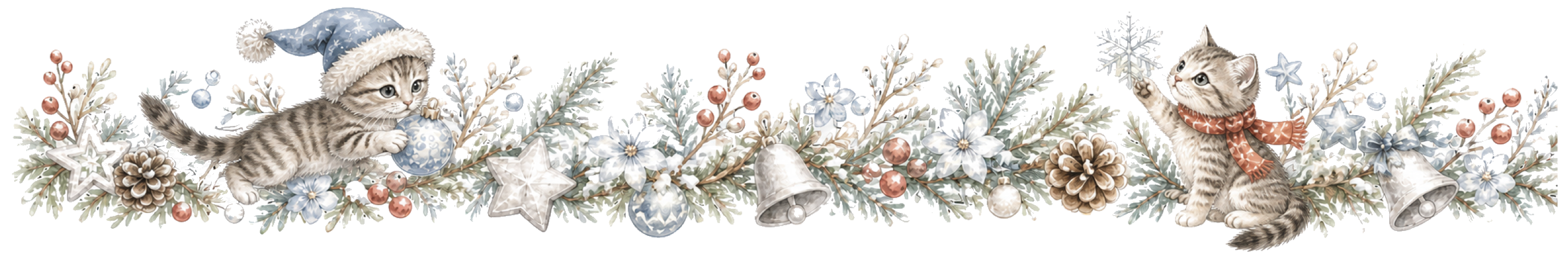 猫と銀色飾りのクリスマスライン｜水彩絵本タッチの無料イラスト素材96015に写真・文字を入れる