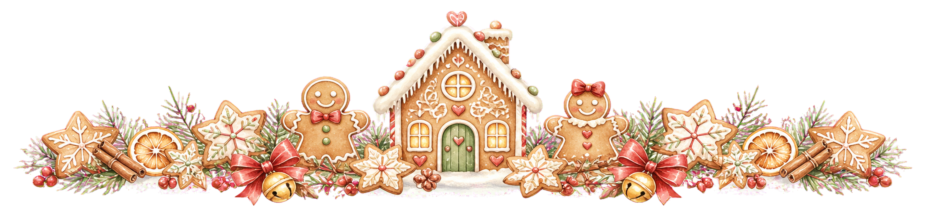 ジンジャーブレッドのクリスマスライン・区切り線無料イラスト｜水彩絵本タッチ96020に写真・文字を入れる