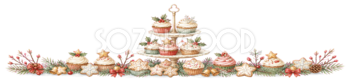 クリスマスカップケーキのライン・区切り線無料イラスト｜水彩絵本タッチ96021