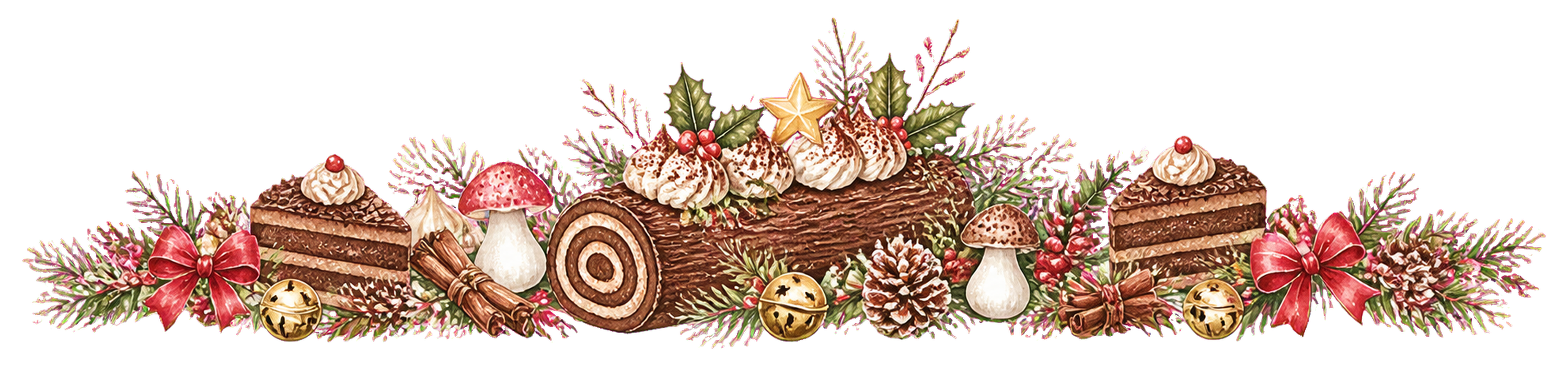 チョコレートロールケーキのクリスマスライン無料イラスト｜水彩絵本タッチ96023に写真・文字を入れる