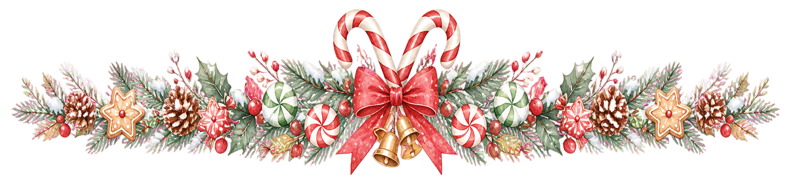 キャンディケインのクリスマスライン・区切り線無料イラスト｜水彩絵本タッチ96024に写真・文字を入れる