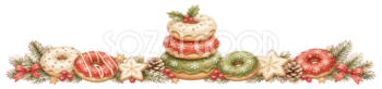 クリスマスドーナツのライン・区切り線無料イラスト｜水彩絵本タッチ96028