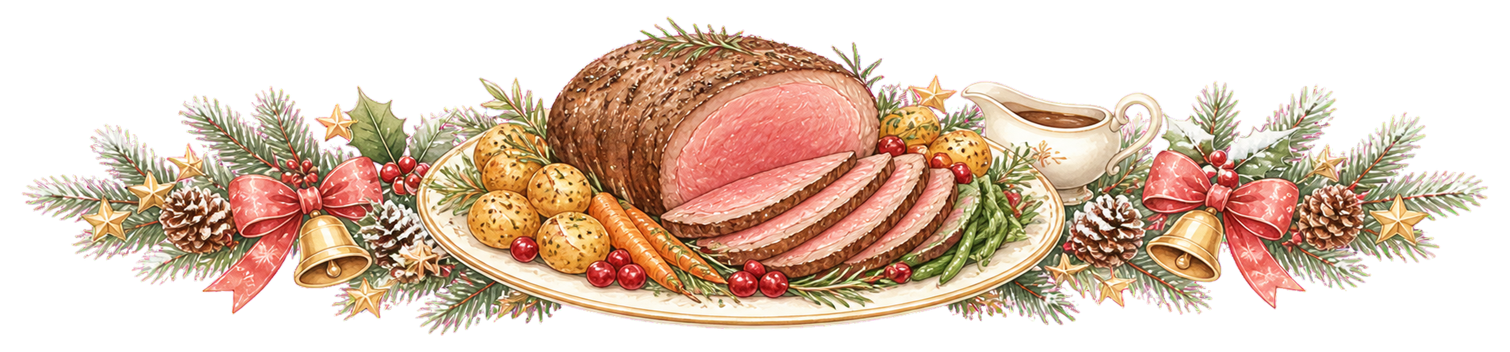 ローストビーフのクリスマスライン・区切り線無料イラスト｜水彩絵本タッチ96033に写真・文字を入れる