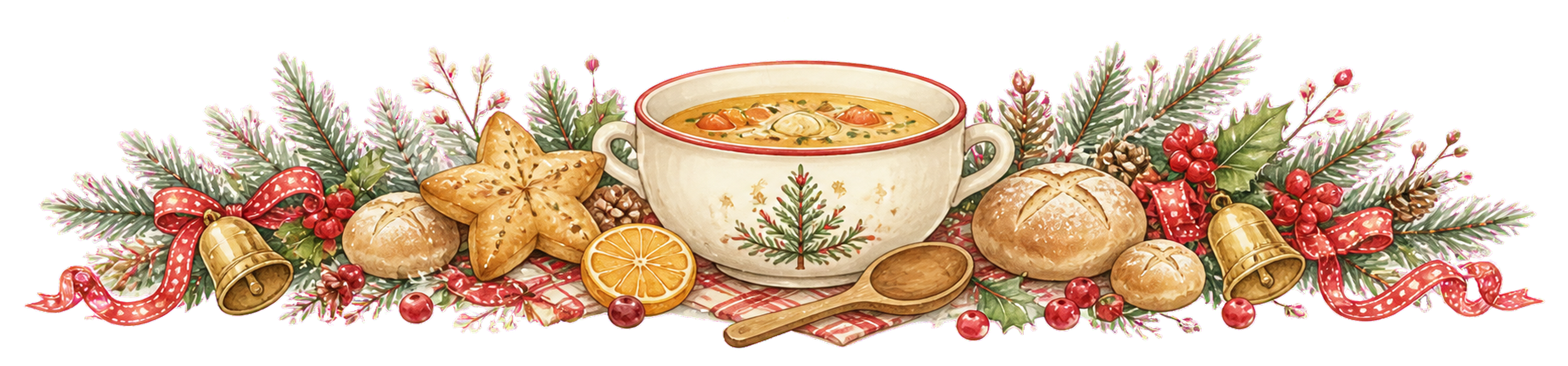 スープとパンのクリスマスライン無料イラスト｜水彩絵本タッチ96034に写真・文字を入れる