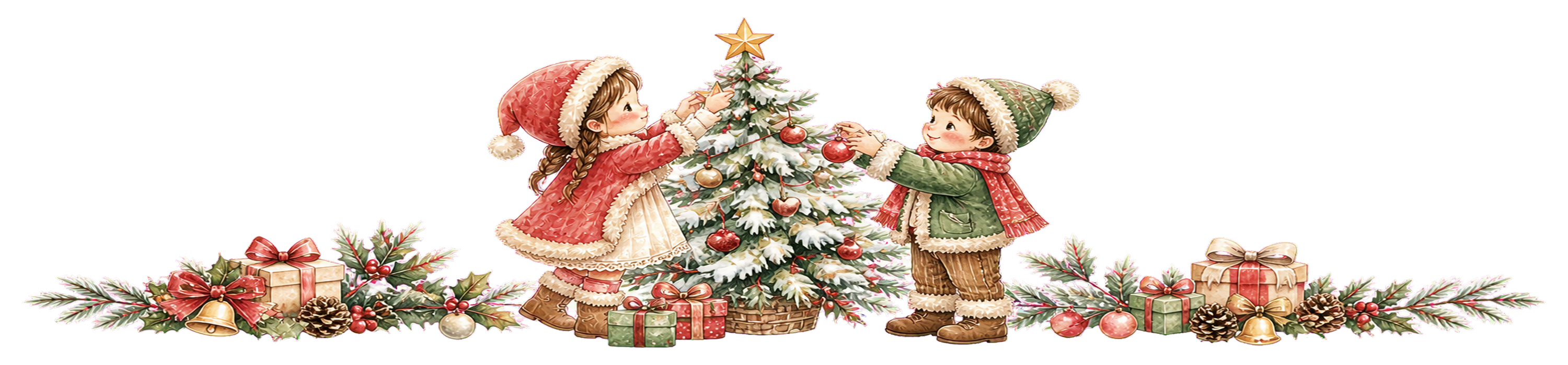 クリスマスツリーを飾る子どもたちのライン｜無料イラスト・絵本タッチ96041に写真・文字を入れる